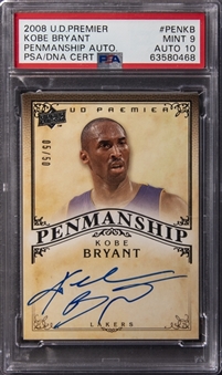 2008/09 Upper Deck Premier "Penmanship" #KB Kobe Bryant Signed Card (#05/50) - PSA MINT 9, PSA/DNA 10